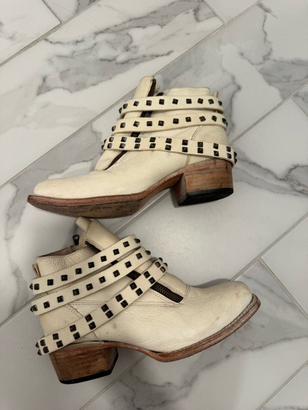 Freebird Studded Cream Leather Ankle Boots - Women